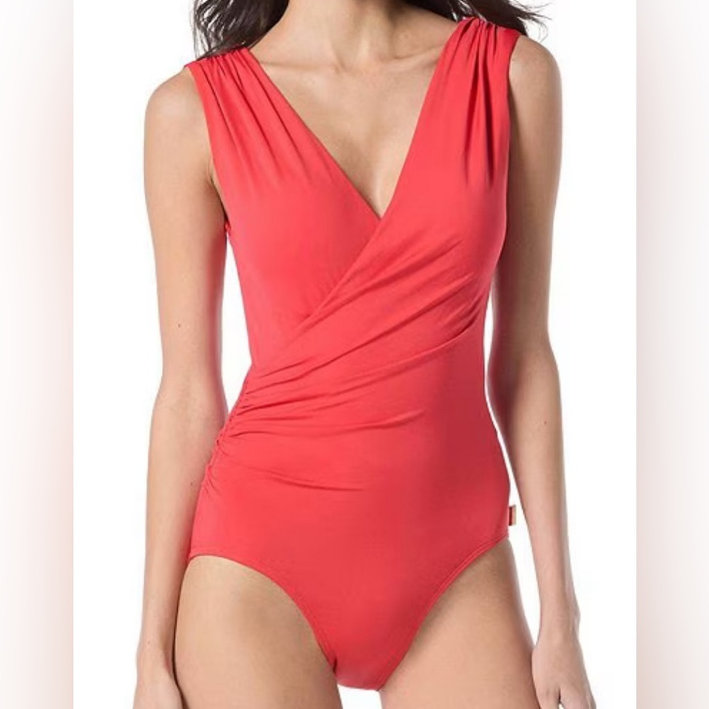 Vince Camuto | Solid Surplice V-Neck Front Draping One Piece Swimsuit | 10